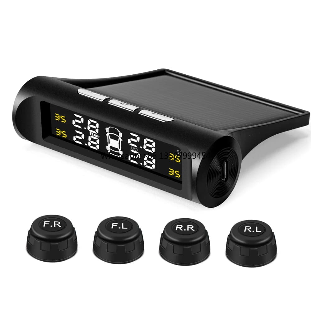 Solar-powered tire pressure monitoring system with HD LCD display and four wireless external sensors.