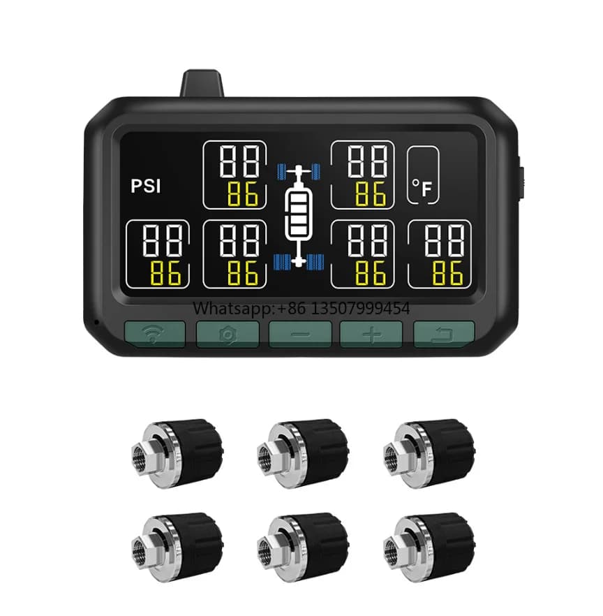 Smart wireless TPMS display with 6 external tire sensors.