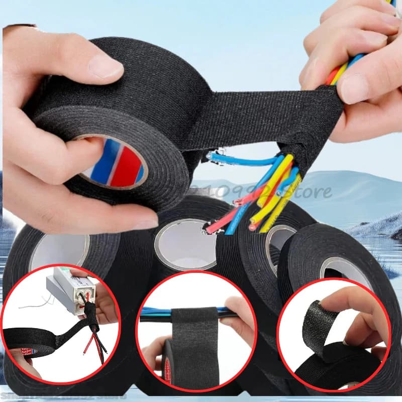 Black high-temperature wire harness cloth tape being applied to colorful automotive wires.