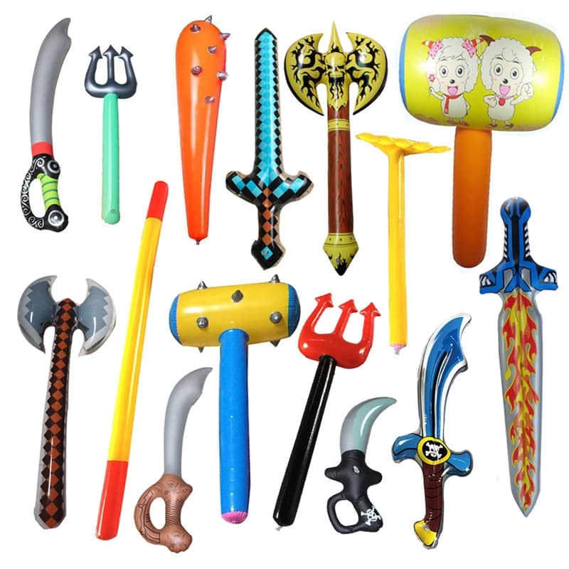 Collection of colorful inflatable PVC toy swords, axes, and hammers for kids