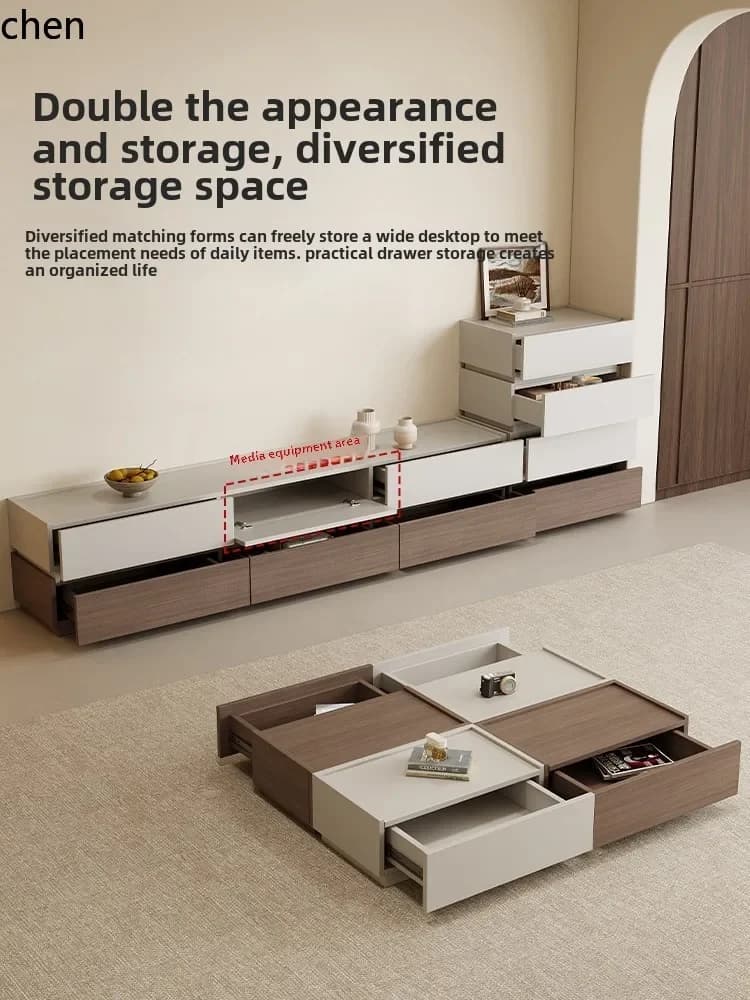 Modern minimalist solid wood TV cabinet and matching coffee table with multiple drawers in a neutral living room setting.