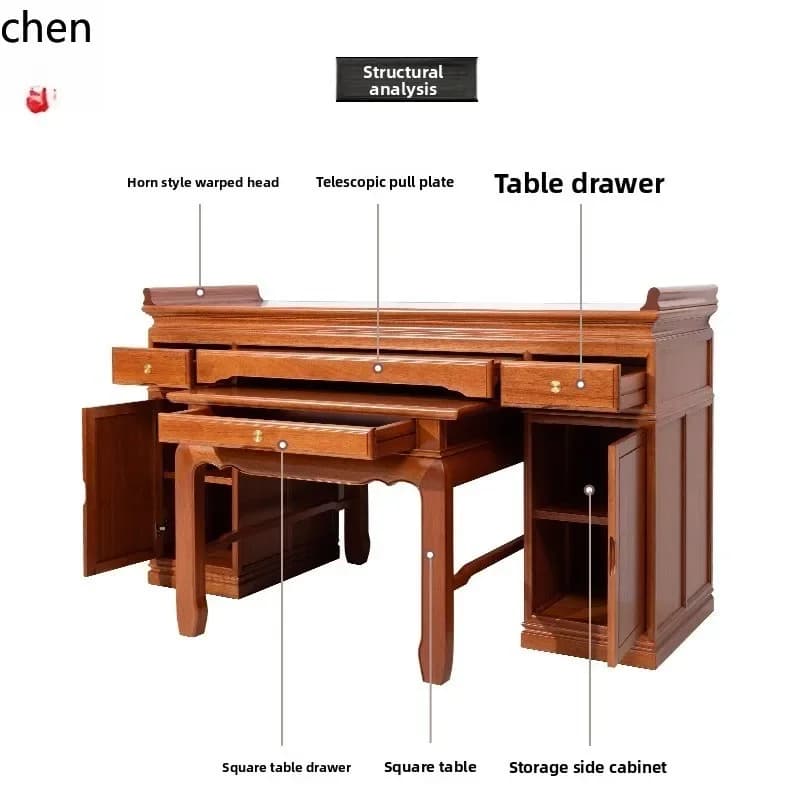 Traditional solid wood worship table with multiple drawers and storage compartments for a home shrine.