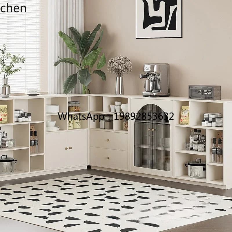 Cream-colored modern kitchen sideboard with open shelving and ribbed glass door.