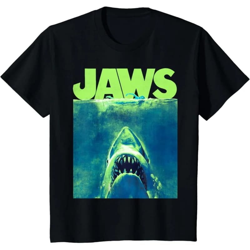 Black t-shirt with a neon green Jaws movie poster graphic featuring a surfacing shark.