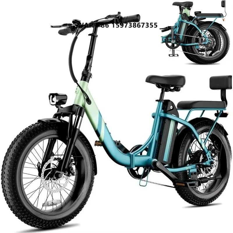 Foldable teal and lime green electric fat tire mountain bike with 1000W motor.