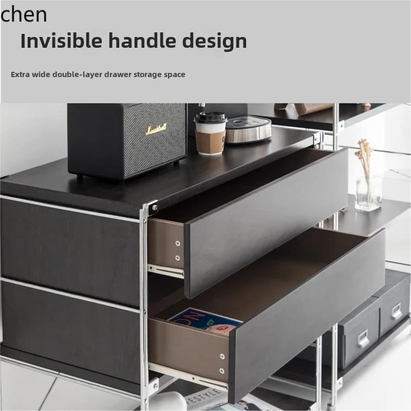 Modern dark wood storage cabinet with invisible handle drawers and chrome metal frame.