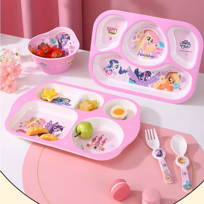 Pink My Little Pony toddler tableware set featuring a divided plate, bowl, spoon, and fork with cartoon character designs.
