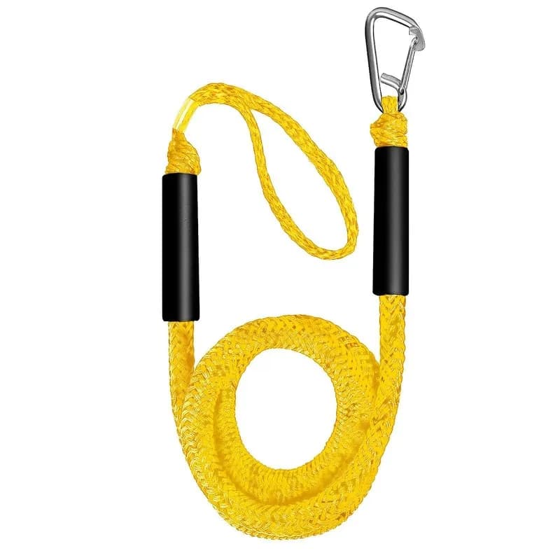 Bright yellow bungee dock line with protective foam sleeves and a heavy-duty stainless steel carabiner clip.