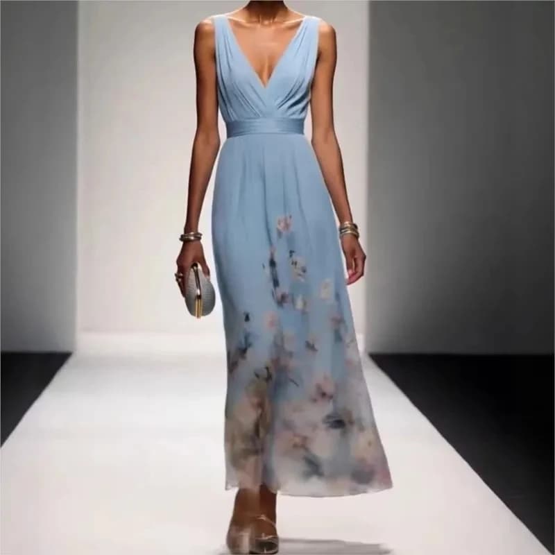 Sleeveless light blue floral print V-neck maxi dress on a model