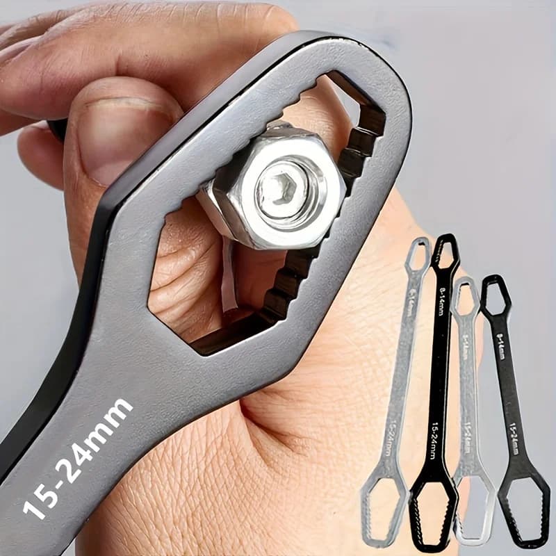 A double-ended universal self-tightening wrench shown gripping a nut.