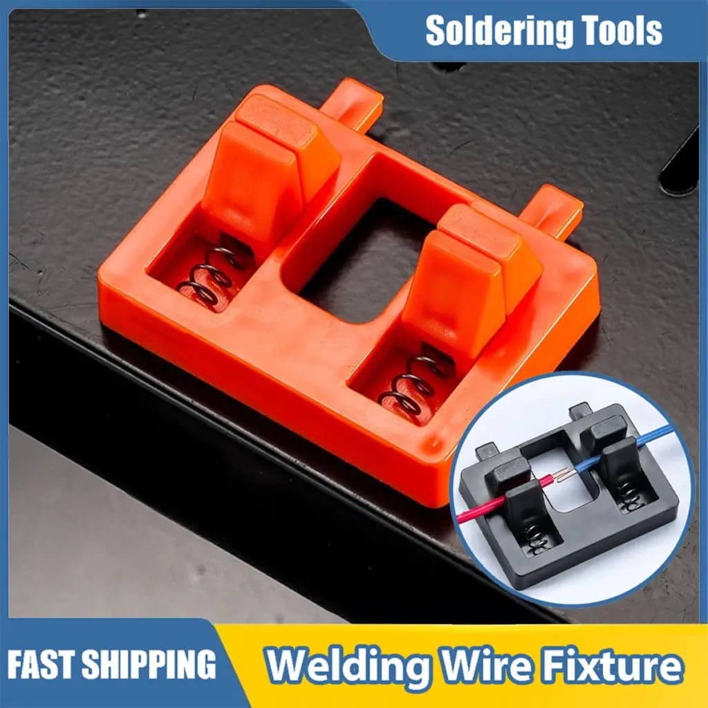 Orange adjustable welding wire fixture and clamp for soldering electronic components.