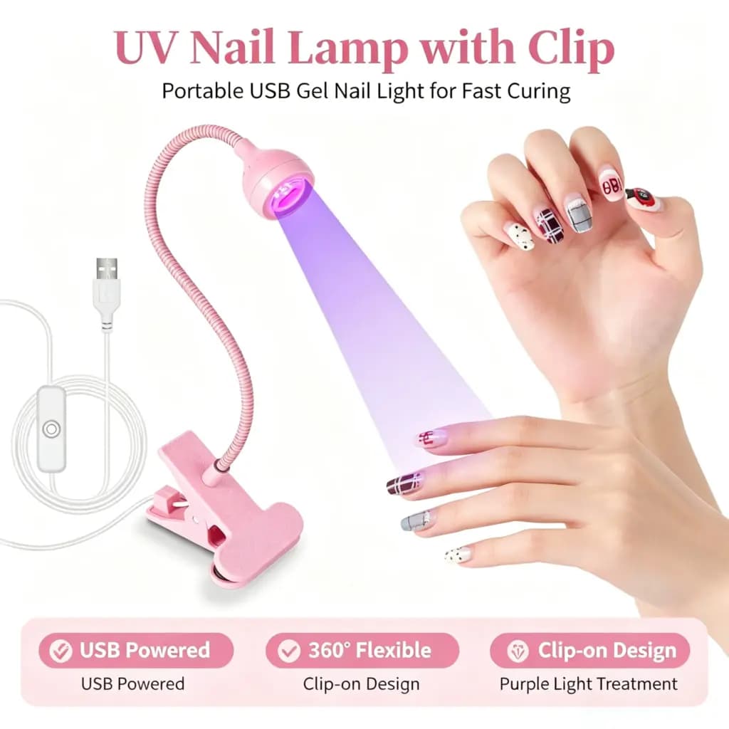 Pink flexible clip-on UV LED nail lamp curing a manicure.