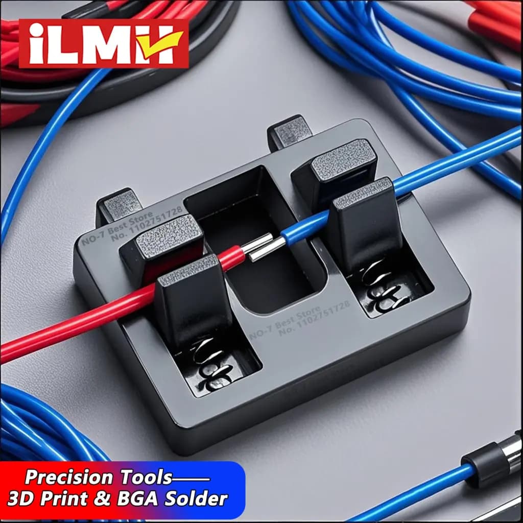 Adjustable black welding wire fixture holding red and blue wires for precision soldering.