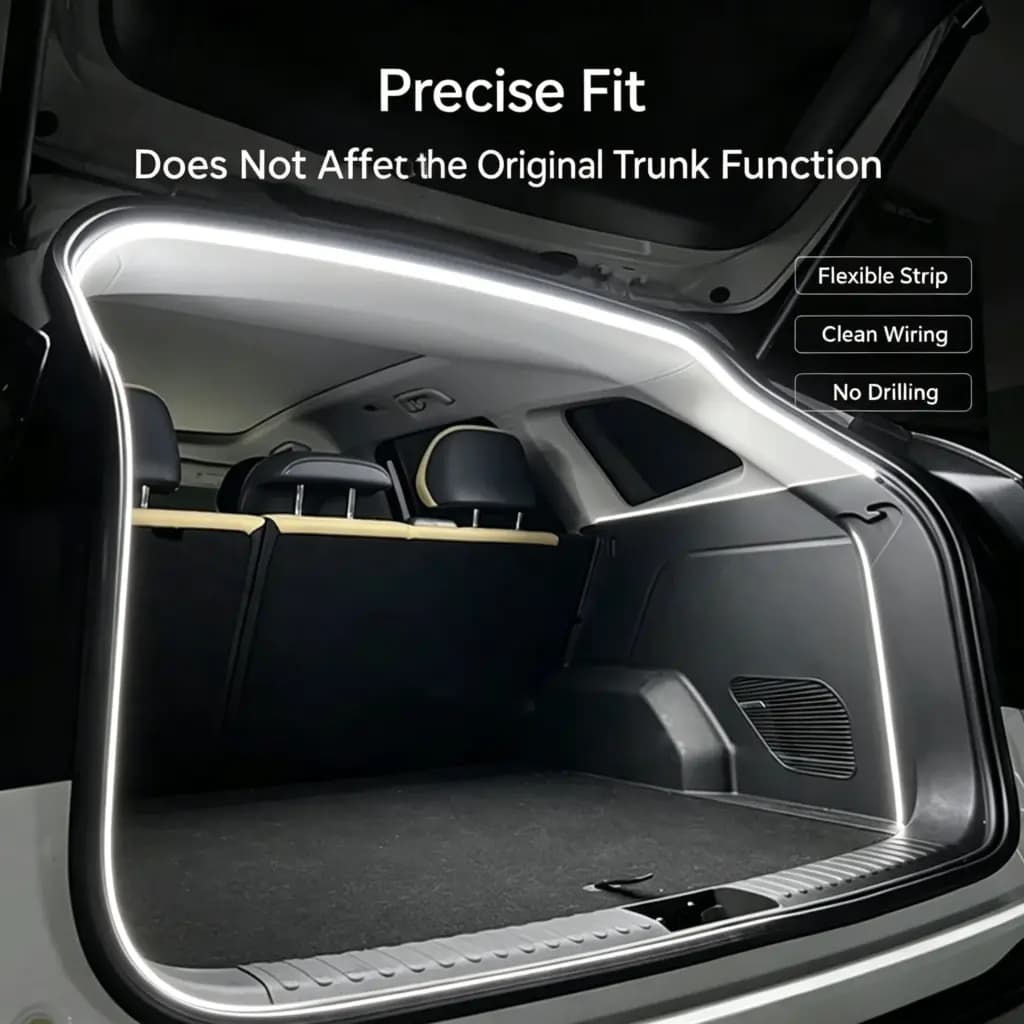 High brightness LED light strip installed in a car trunk tailgate showing precise fit.
