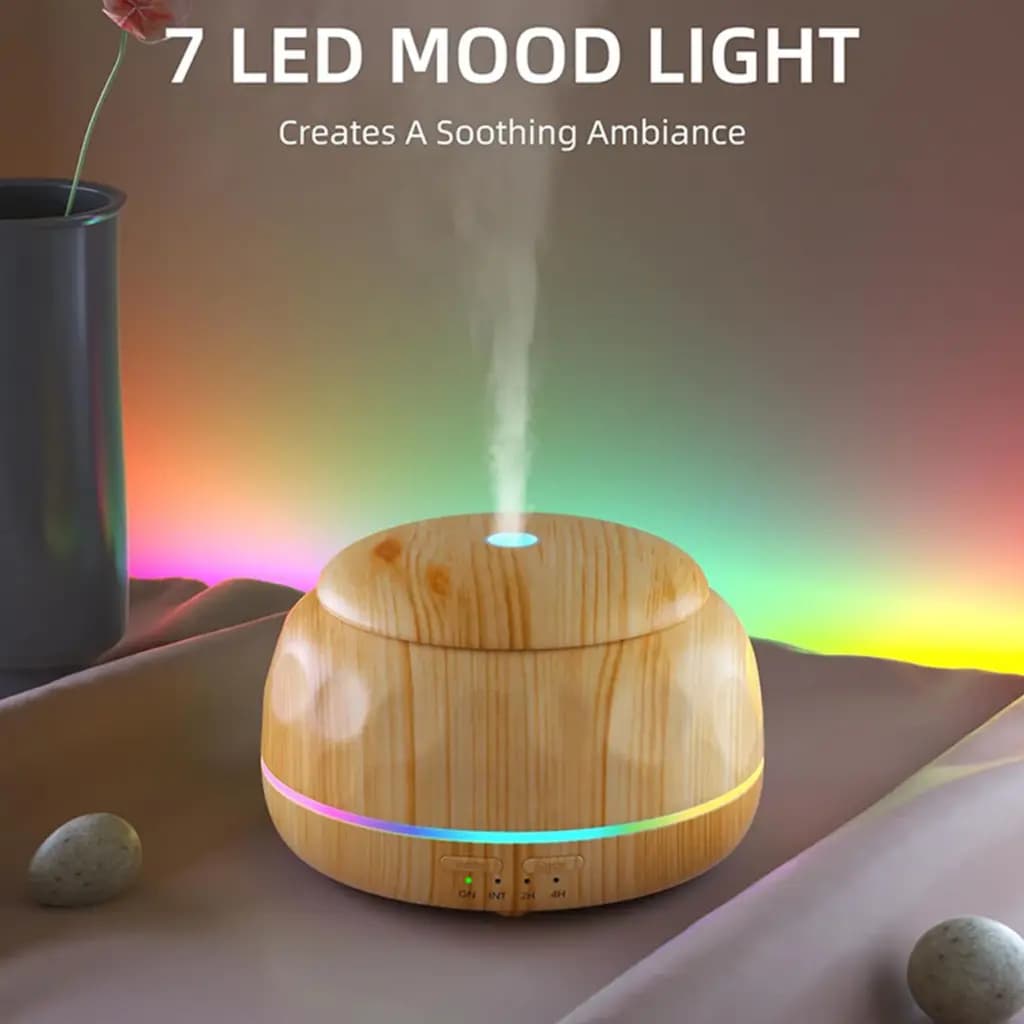 Wood-grain style ultrasonic essential oil diffuser with colorful LED mood lighting and mist