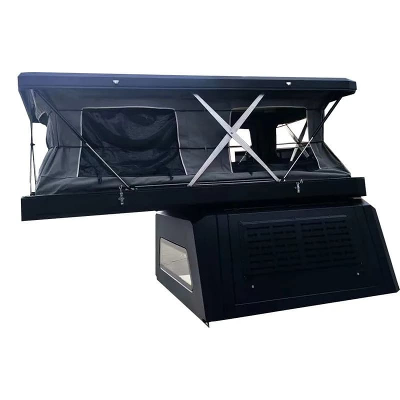 A sleek black multi-functional camper roof and trunk sleeping tent mounted on a vehicle base.