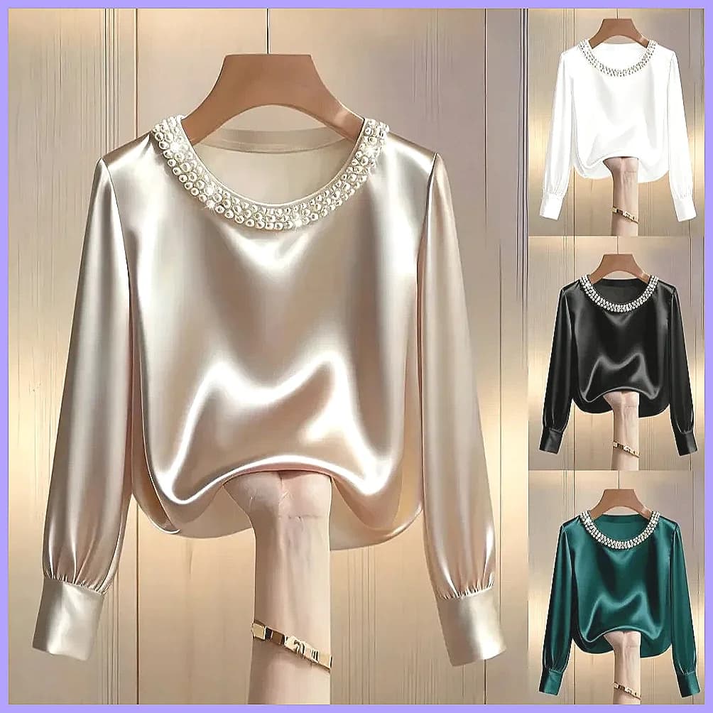Elegant long sleeve satin blouse with a decorative beaded neckline shown in multiple colors.