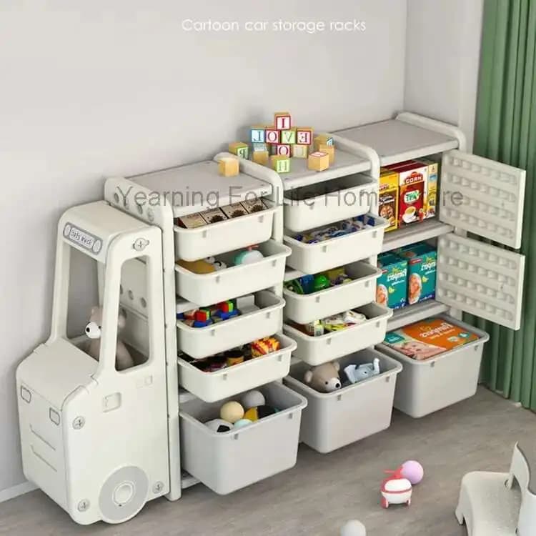 White cartoon truck-themed toy storage organizer with multi-tier bins and shelving.