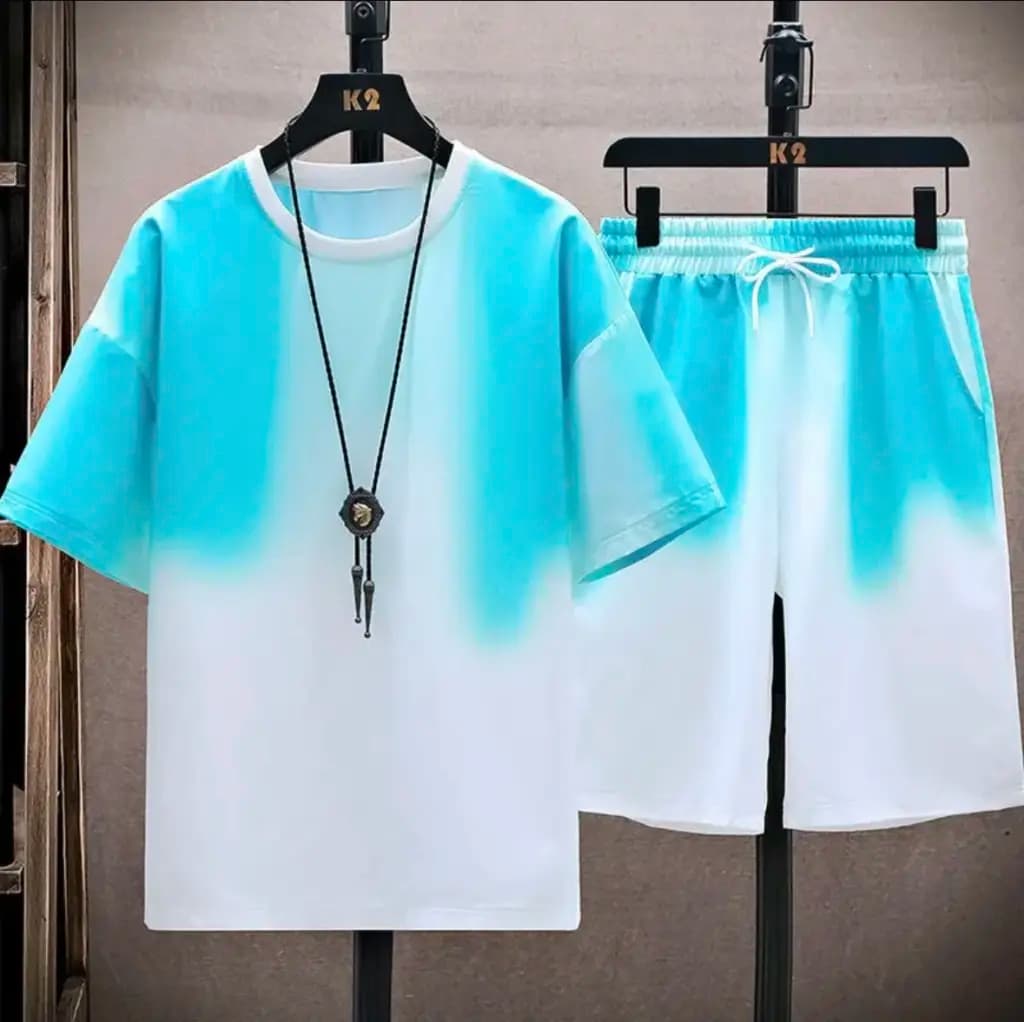 Unisex blue and white gradient ice silk T-shirt and shorts set on a display rack.