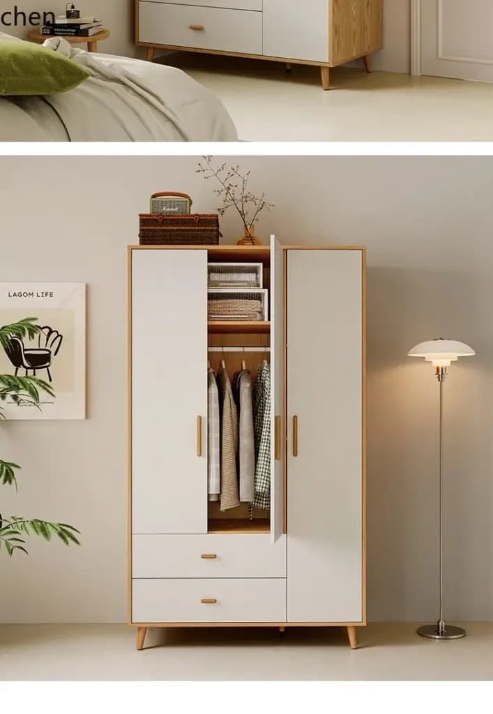 Minimalist white and wood wardrobe with solid wood legs in a modern bedroom setting.