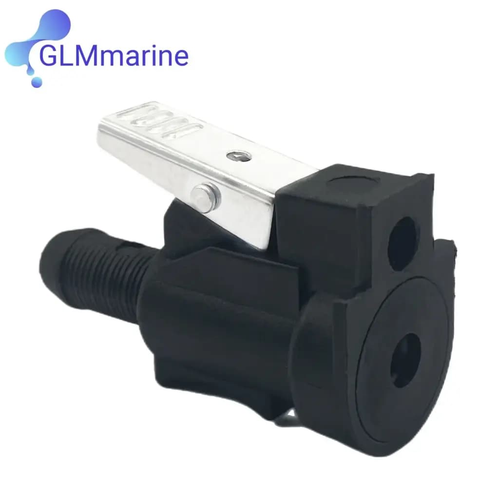 Black 3/8 inch fuel line connector with silver release latch for OMC Johnson Evinrude outboard engines.