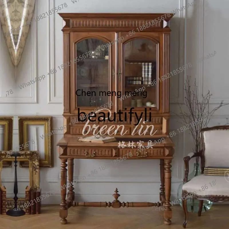 Vintage American country style solid wood side cabinet with glass doors and integrated desk.