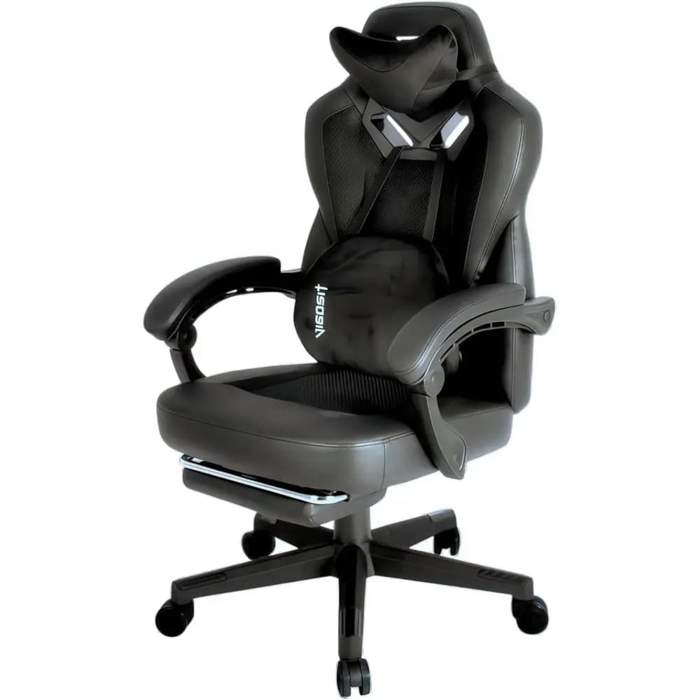 Black ergonomic reclining office chair with footrest and lumbar support.
