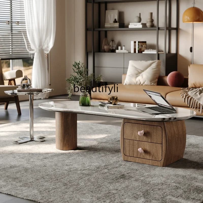 Modern Italian minimalist marble coffee table with wooden base and storage drawers.