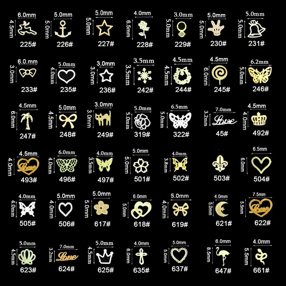 Collection of various gold and silver metallic nail art decals in heart, star, and butterfly shapes.