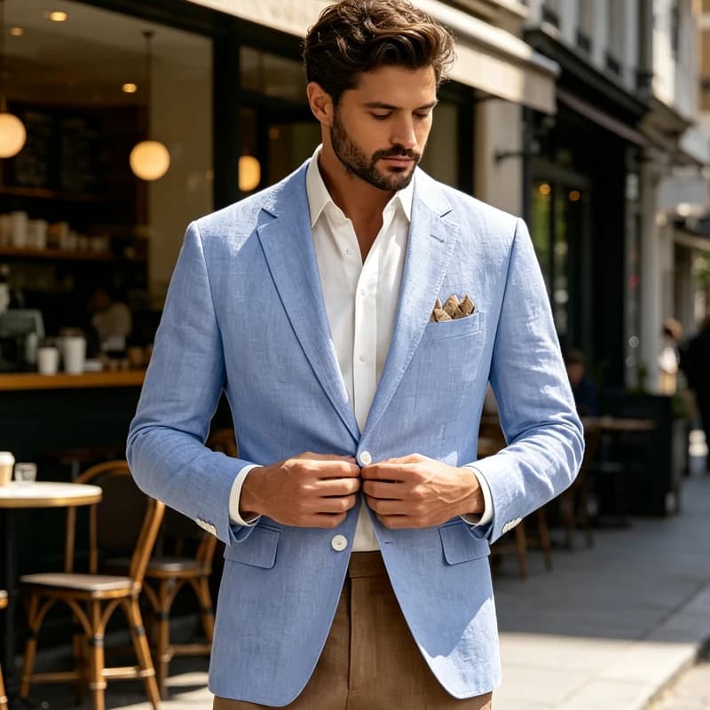 Men's Linen Blazer Notch Lapel 2 Buttons Slim Fit Casual Sport Jacket Lightweight Breathable Summer Business Wedding Daily Wear