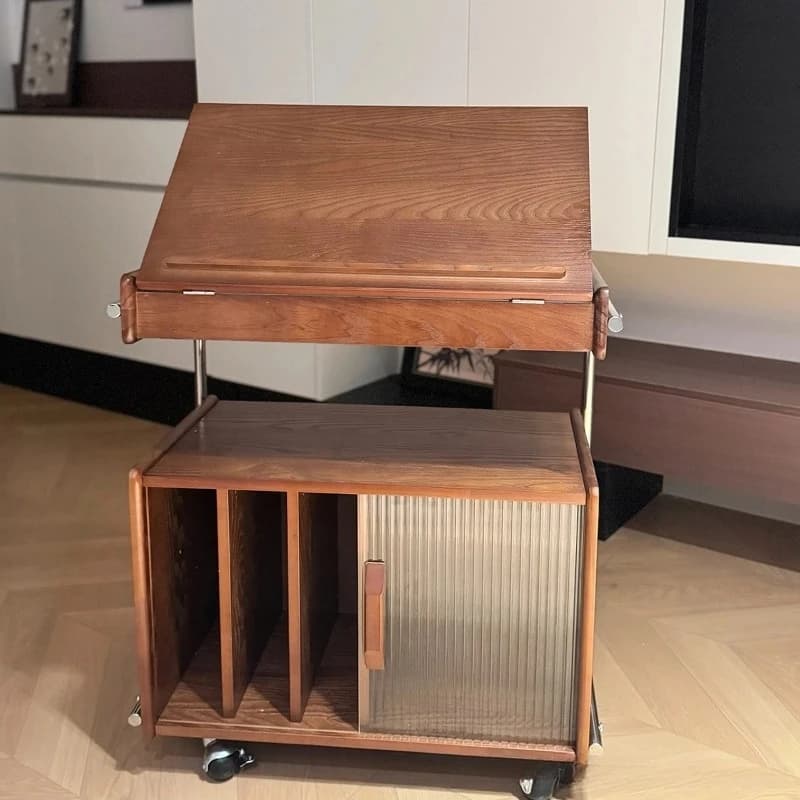 Medieval style solid wood movable side cabinet with storage and wheels.