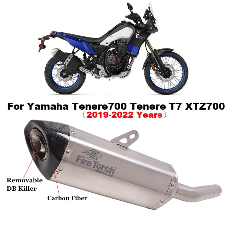 Fire Torch slip-on motorcycle exhaust muffler for Yamaha Tenere 700 with carbon fiber end cap.