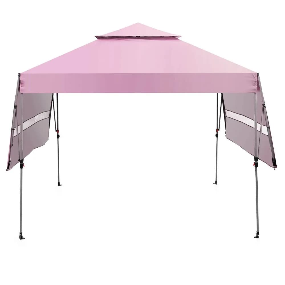 Large 10x17.6 foot pink pop-up canopy tent with side awnings for sun protection.