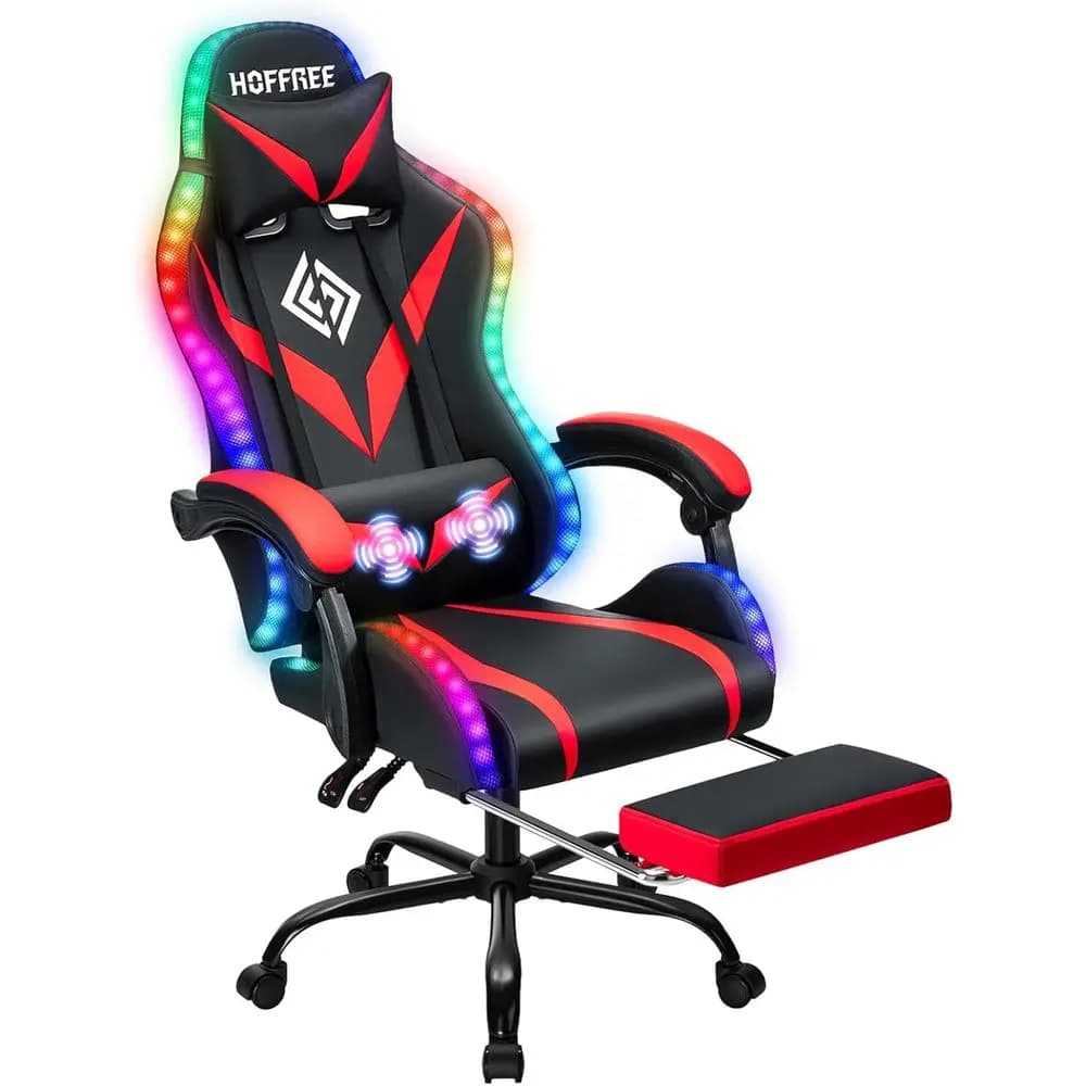 Red and black ergonomic gaming chair with integrated RGB LED lighting and retractable footrest.