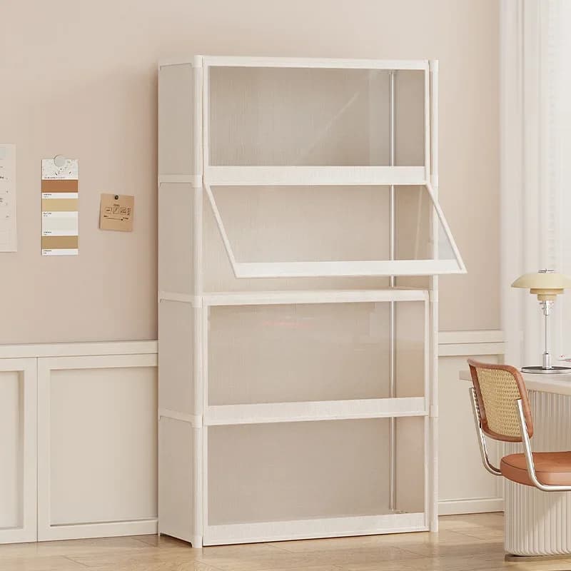 Cream-colored four-tier dust-proof bookcase with transparent cabinet doors in a modern home office setting.