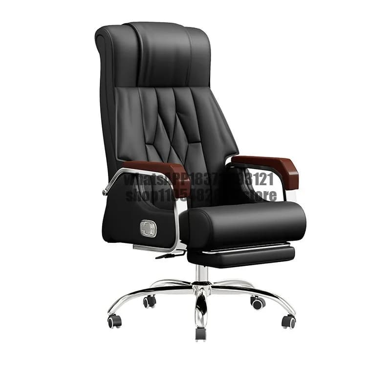 Executive black leather reclining office chair with massage function and footrest.