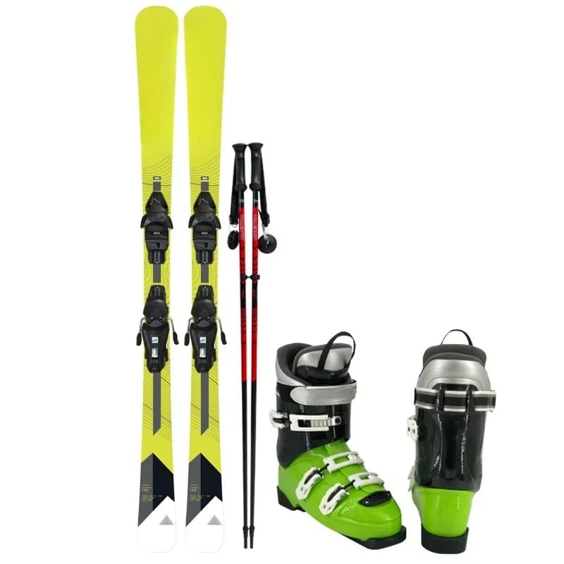 A complete neon yellow and green ski set including fiberglass skis, poles, bindings, and boots.