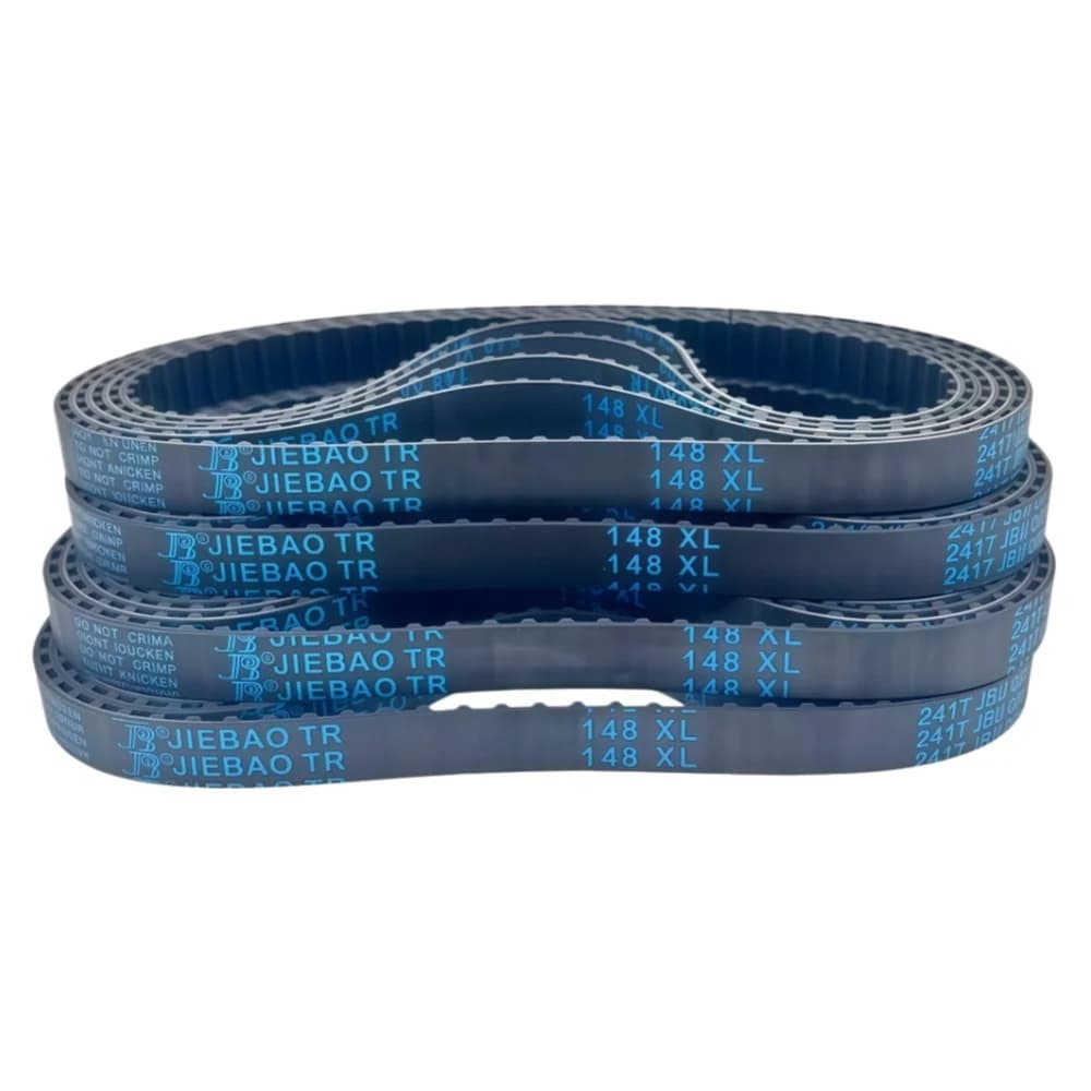Several stacked black rubber XL timing belts for mechanical equipment.