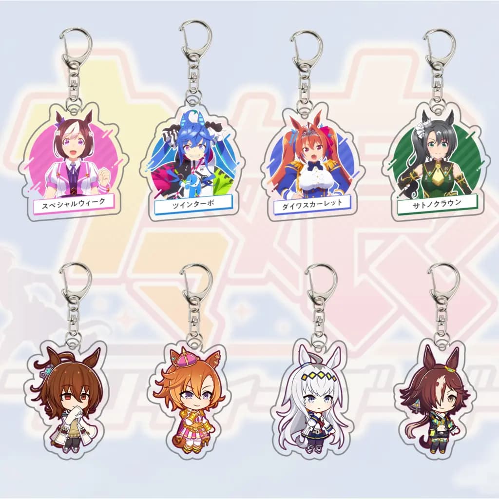 A collection of colorful Uma Musume Pretty Derby acrylic keychains and character ornaments.